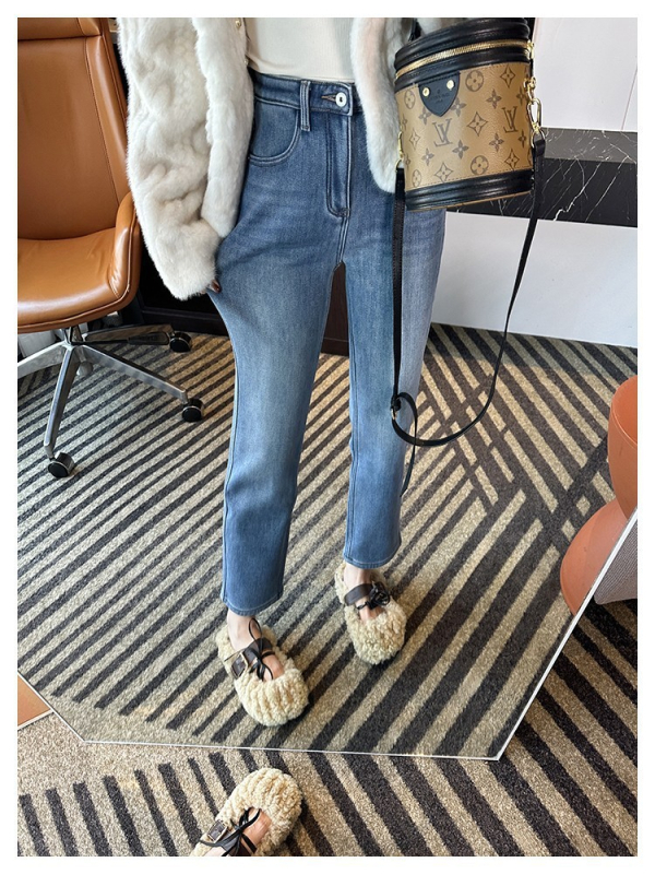 Дамски дънки с подплата от флис, прав силует, висока талия, деним памук-еластан, дължина девет десети