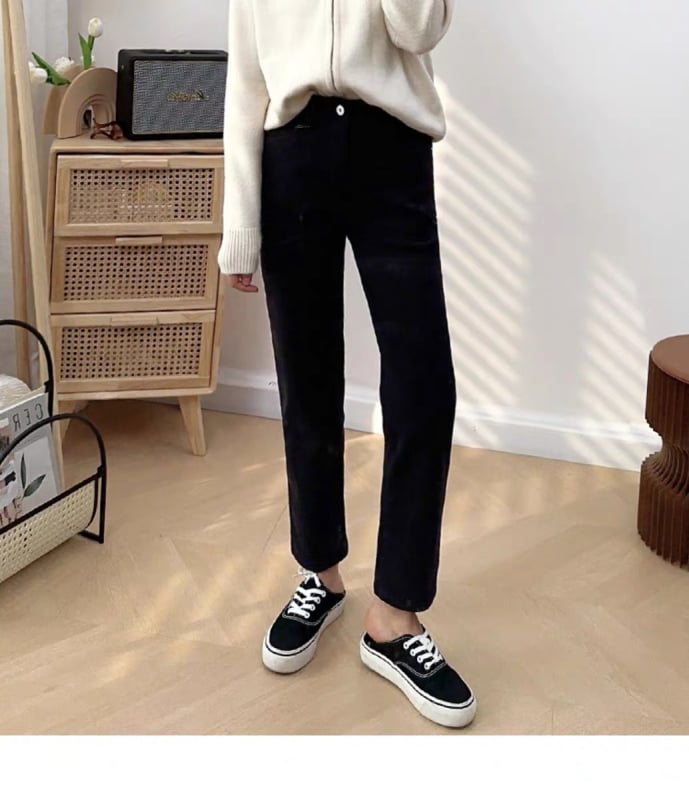 Дамски дънки с подплата от флис, прав силует, висока талия, деним памук-еластан, дължина девет десети