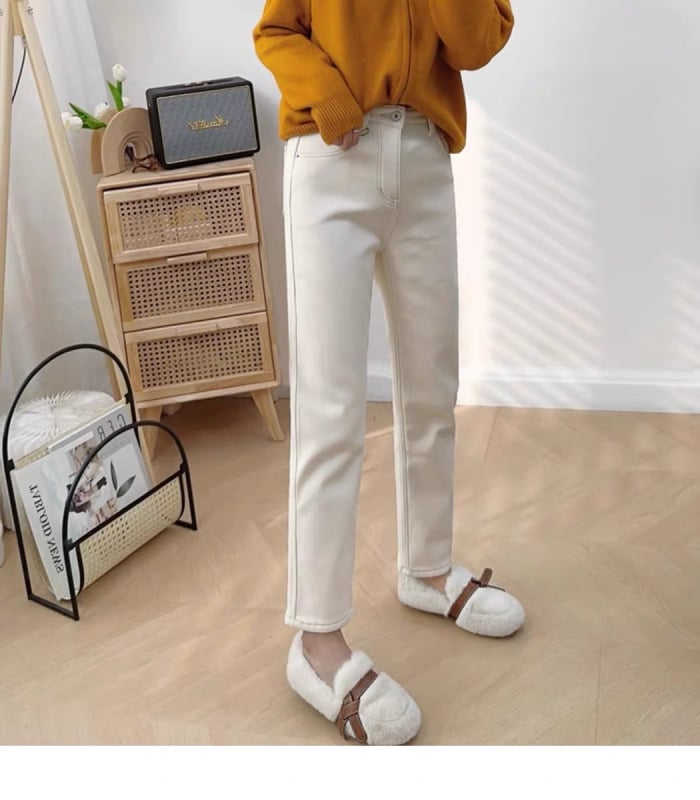 Дамски дънки с подплата от флис, прав силует, висока талия, деним памук-еластан, дължина девет десети