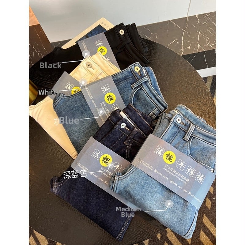 Дамски дънки с подплата от флис, прав силует, висока талия, деним памук-еластан, дължина девет десети