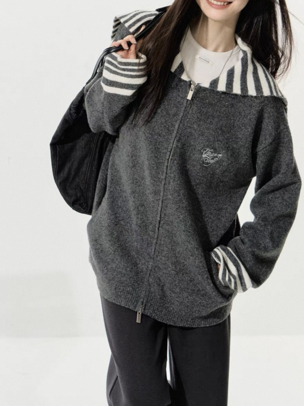 Prugasti kardigan pulover s mornarskim ovratnikom, dugi rukavi, prednji zip, smjesa poliestera, vune i akrila
