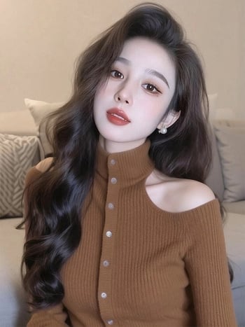 Плетен суичър с качулка за жени, Slim fit, ръкав тип принцеса, висока яка, дълги ръкави