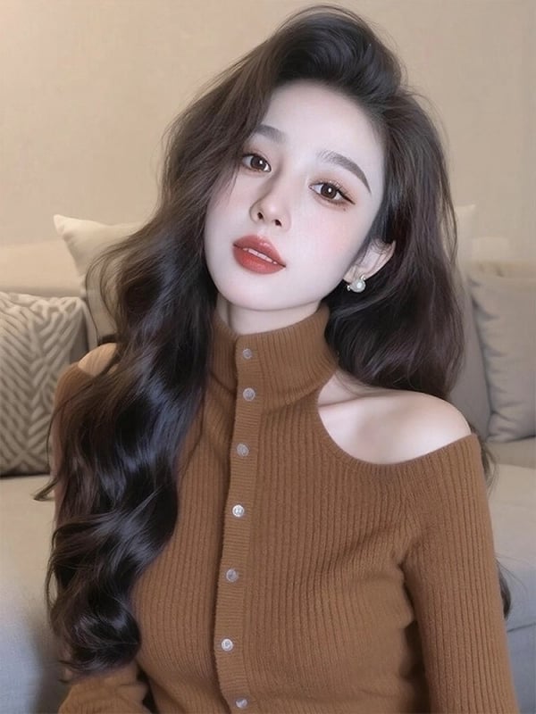 Плетен суичър с качулка за жени, Slim fit, ръкав тип принцеса, висока яка, дълги ръкави