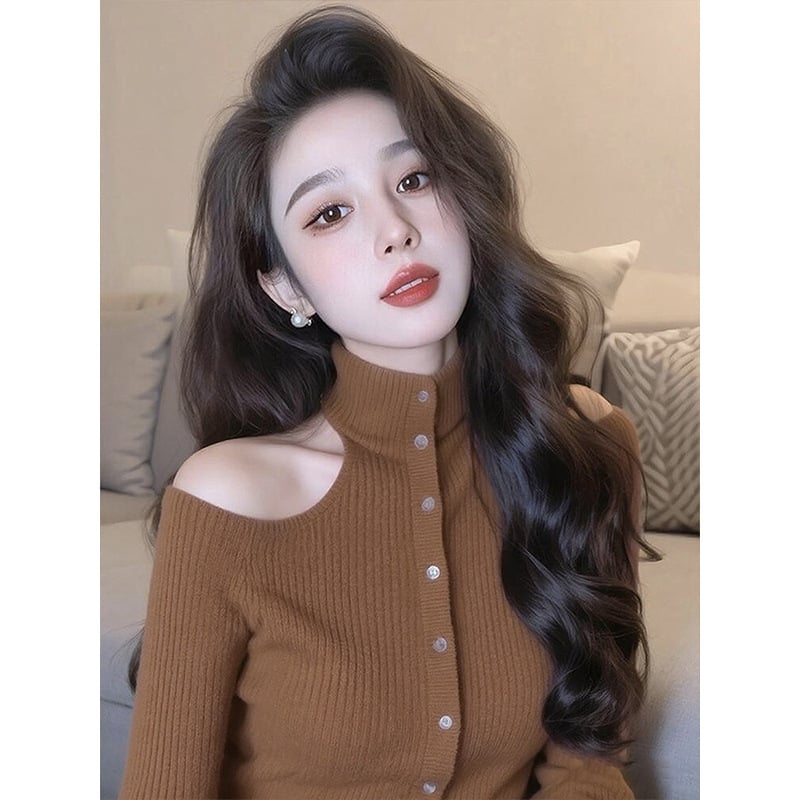 Плетен суичър с качулка за жени, Slim fit, ръкав тип принцеса, висока яка, дълги ръкави