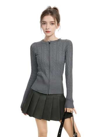 Кардиган с цип от вискозна материя — кръгло деколте, дълги ръкави, тънък силует, къс модел, зимен сезон 2024