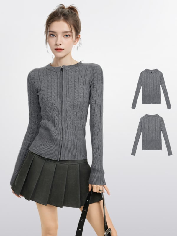 Кардиган с цип от вискозна материя — кръгло деколте, дълги ръкави, тънък силует, къс модел, зимен сезон 2024