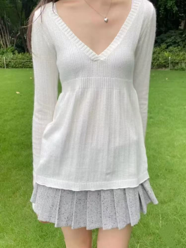 Памучен плетен свитър с V-образно деколте, дълги ръкави, пуловер стил, 70-80% памук
