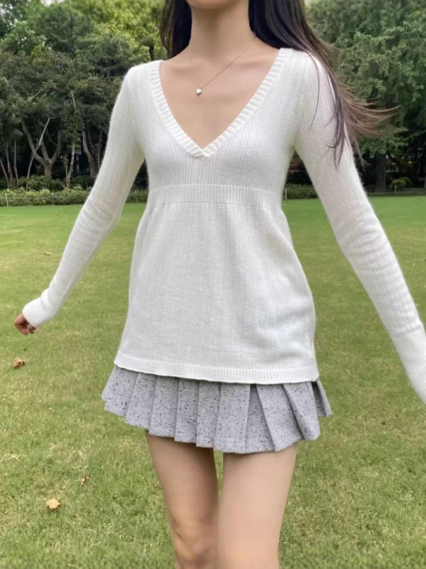 Памучен плетен свитър с V-образно деколте, дълги ръкави, пуловер стил, 70-80% памук