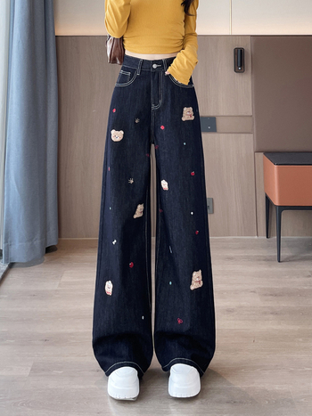 Дънки за жени с пухено подплатяване и дебелина — висока талия, широки крачоли с права кройка, бродерия, 80–90% памук