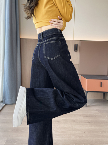 Дънки за жени с пухено подплатяване и дебелина — висока талия, широки крачоли с права кройка, бродерия, 80–90% памук