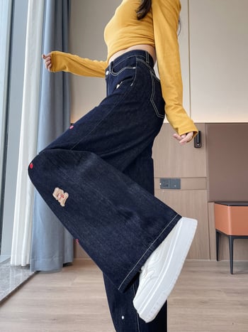 Дънки за жени с пухено подплатяване и дебелина — висока талия, широки крачоли с права кройка, бродерия, 80–90% памук