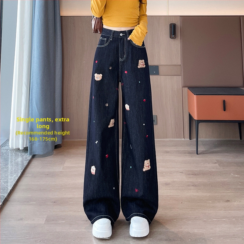 Дънки за жени с пухено подплатяване и дебелина — висока талия, широки крачоли с права кройка, бродерия, 80–90% памук