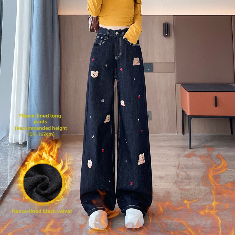 Дънки за жени с пухено подплатяване и дебелина — висока талия, широки крачоли с права кройка, бродерия, 80–90% памук