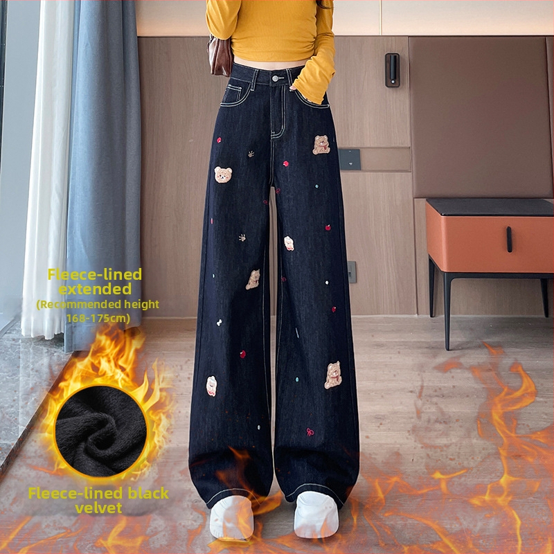 Дънки за жени с пухено подплатяване и дебелина — висока талия, широки крачоли с права кройка, бродерия, 80–90% памук