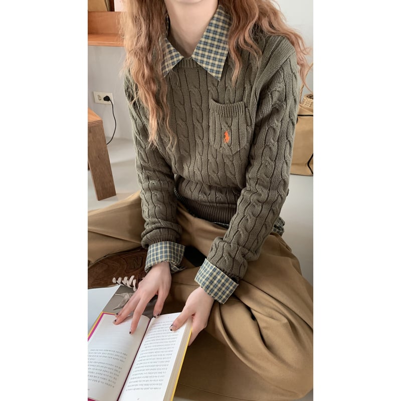 Свитер с качулка, Chenille плат, V-образно деколте, дълги ръкави, бродерия, средна дебелина