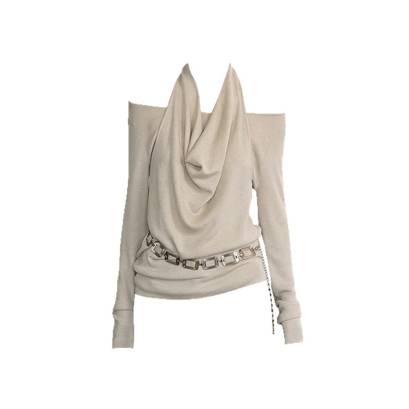 Пуловер във френски стил с ленив дизайн, халтер-яка и люлееща се яка, фиктивен изглед на две части, дълги ръкави, полиестрово плетиво, 90–95% полиестер, шевни детайли, дължина 50–65 cm