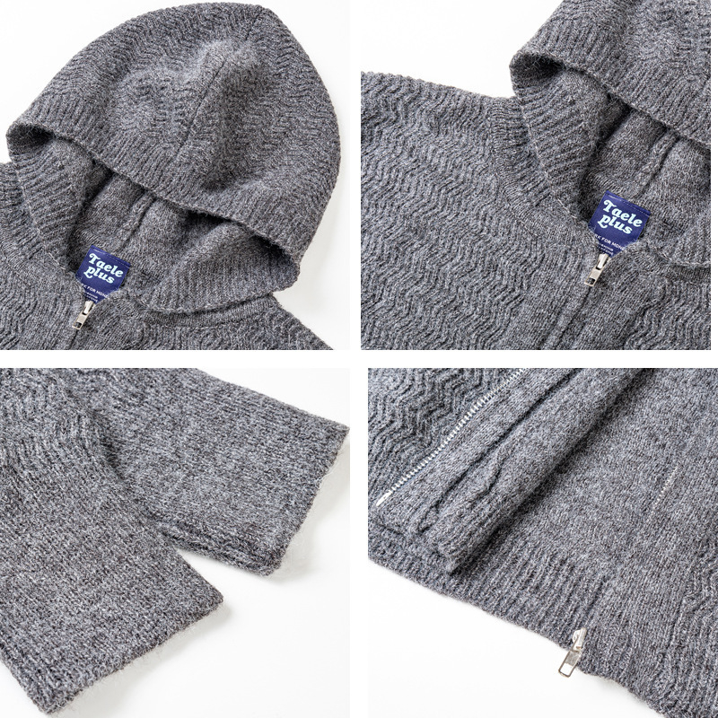 Američki retro stil, čista kroj, kratka silueta, prugasti pleteni kardigan s kapuljom, unisex, topao i udoban