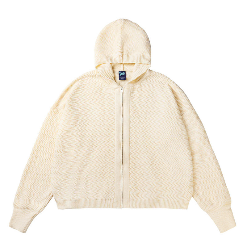 Američki retro stil, čista kroj, kratka silueta, prugasti pleteni kardigan s kapuljom, unisex, topao i udoban