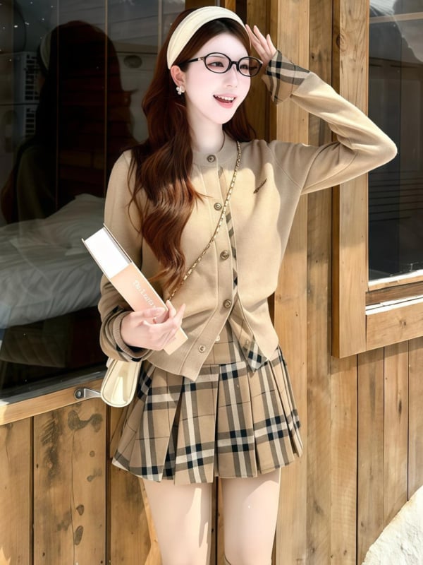 Дамски втален кардиган с карирана шарка, кръгло деколте, дълги ръкави, полиестерна плетка, есен 2025