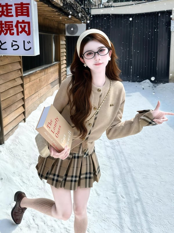 Дамски втален кардиган с карирана шарка, кръгло деколте, дълги ръкави, полиестерна плетка, есен 2025