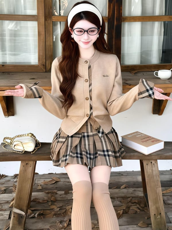 Дамски втален кардиган с карирана шарка, кръгло деколте, дълги ръкави, полиестерна плетка, есен 2025