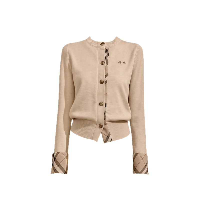 Дамски втален кардиган с карирана шарка, кръгло деколте, дълги ръкави, полиестерна плетка, есен 2025