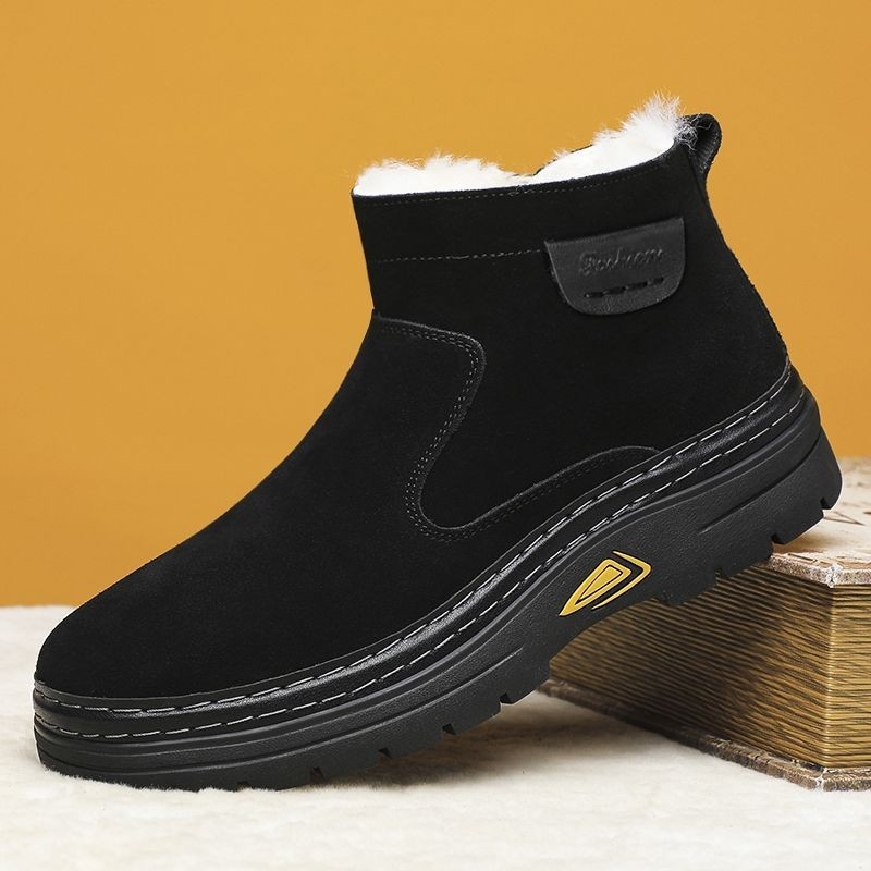 Ghete de zăpadă pentru bărbați, stil korean, partea superioară din piele velur de vițel, căptușeală din lână și cașmir, talpă din cauciuc antiderapant, vârf rotund