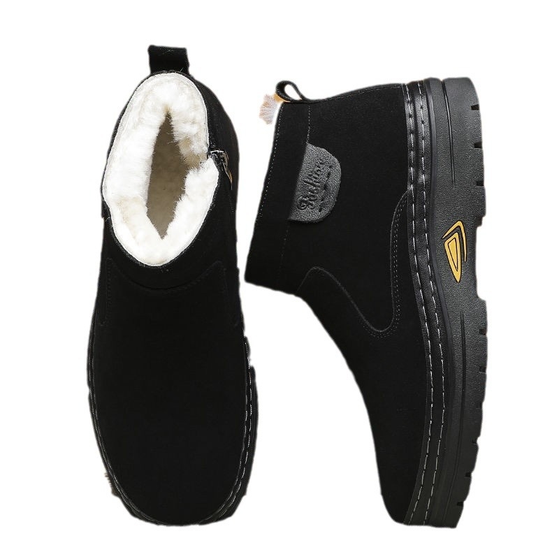 Ghete de zăpadă pentru bărbați, stil korean, partea superioară din piele velur de vițel, căptușeală din lână și cașmir, talpă din cauciuc antiderapant, vârf rotund