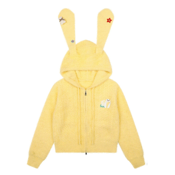 Női kapucnis kötött pulóver nyuszifülekkel – puha akril- és poliészter keverék, betű/szám mintázat, hosszú ujjú, szabályos hosszúságú, japán-koreai casual stílus