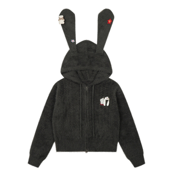 Női kapucnis kötött pulóver nyuszifülekkel – puha akril- és poliészter keverék, betű/szám mintázat, hosszú ujjú, szabályos hosszúságú, japán-koreai casual stílus