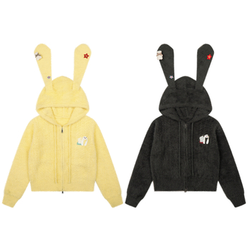 Női kapucnis kötött pulóver nyuszifülekkel – puha akril- és poliészter keverék, betű/szám mintázat, hosszú ujjú, szabályos hosszúságú, japán-koreai casual stílus