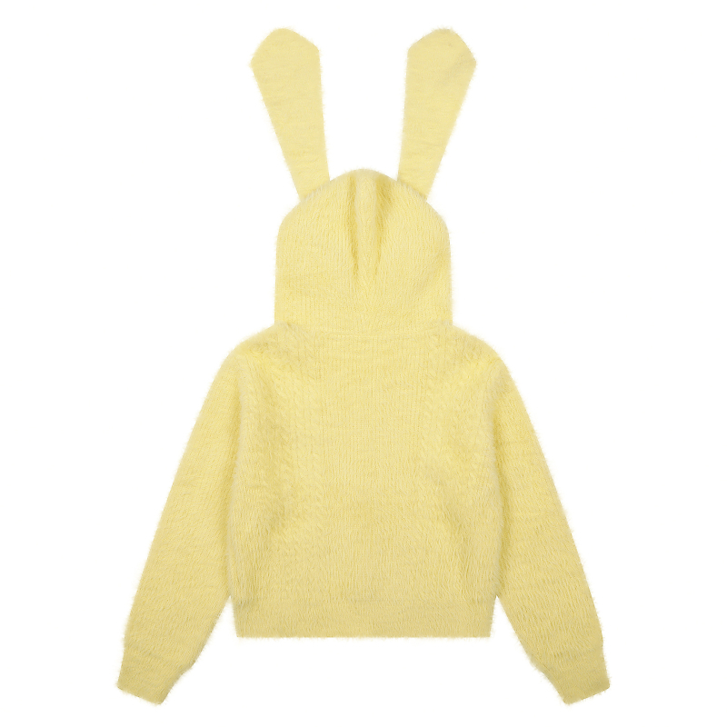 Női kapucnis kötött pulóver nyuszifülekkel – puha akril- és poliészter keverék, betű/szám mintázat, hosszú ujjú, szabályos hosszúságú, japán-koreai casual stílus