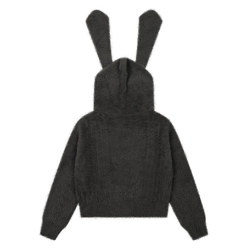 Női kapucnis kötött pulóver nyuszifülekkel – puha akril- és poliészter keverék, betű/szám mintázat, hosszú ujjú, szabályos hosszúságú, japán-koreai casual stílus