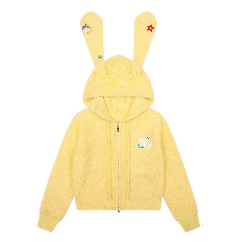 Női kapucnis kötött pulóver nyuszifülekkel – puha akril- és poliészter keverék, betű/szám mintázat, hosszú ujjú, szabályos hosszúságú, japán-koreai casual stílus