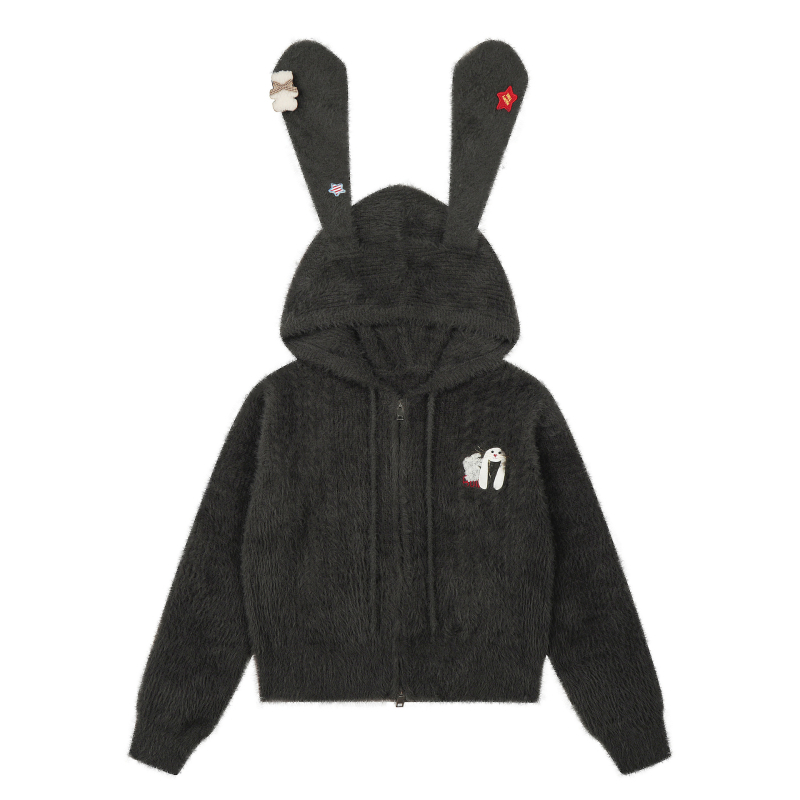 Női kapucnis kötött pulóver nyuszifülekkel – puha akril- és poliészter keverék, betű/szám mintázat, hosszú ujjú, szabályos hosszúságú, japán-koreai casual stílus