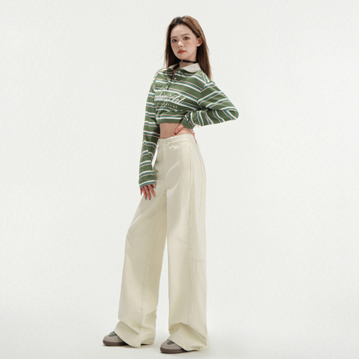 Женски дънки с широки крачоли и висока талия, деним, патчворк детайли, дълги до пода, плътна материя