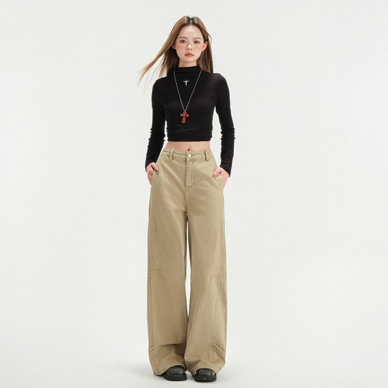 Женски дънки с широки крачоли и висока талия, деним, патчворк детайли, дълги до пода, плътна материя