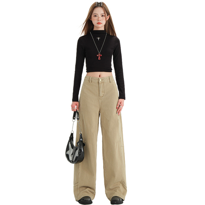 Женски дънки с широки крачоли и висока талия, деним, патчворк детайли, дълги до пода, плътна материя