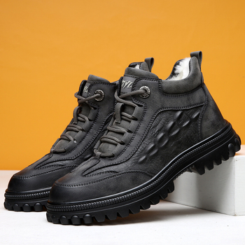 Cizme de zăpadă pentru bărbați, căptușite cu lână, partea superioară din piele de vită dublă, talpă din cauciuc, antiderapante, durabile (Căptușire din lână; Piele de vită dublă; Talpă din cauciuc; Antiderapante; Durabile)