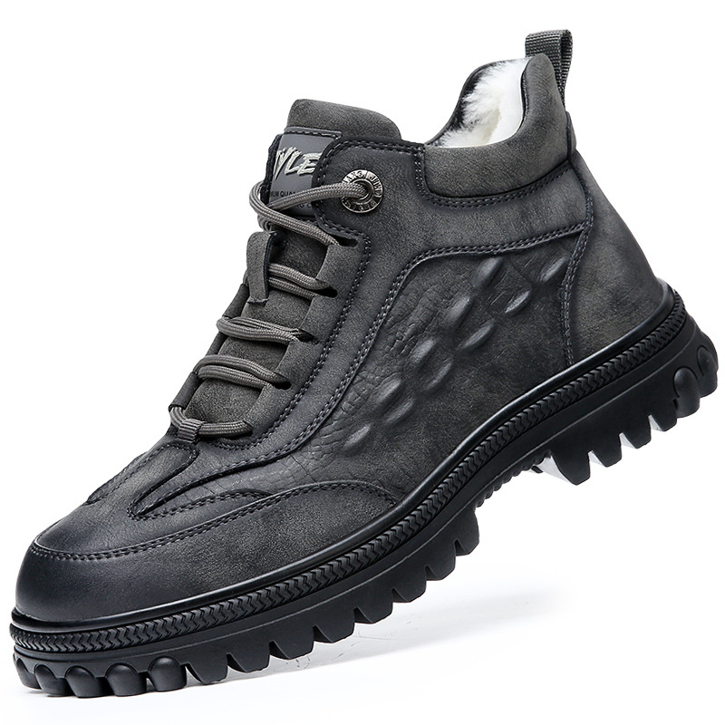 Cizme de zăpadă pentru bărbați, căptușite cu lână, partea superioară din piele de vită dublă, talpă din cauciuc, antiderapante, durabile (Căptușire din lână; Piele de vită dublă; Talpă din cauciuc; Antiderapante; Durabile)