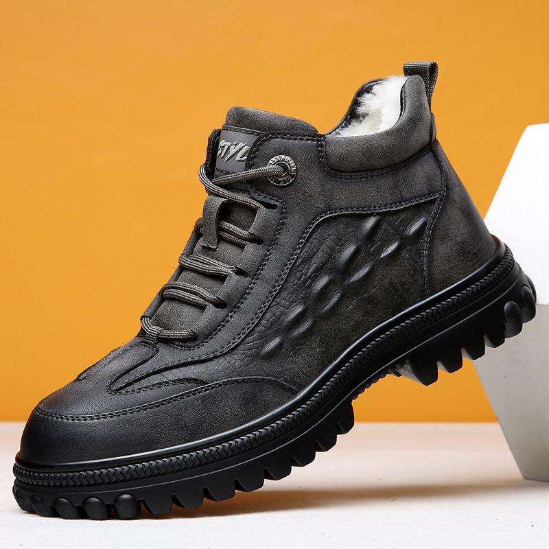 Cizme de zăpadă pentru bărbați, căptușite cu lână, partea superioară din piele de vită dublă, talpă din cauciuc, antiderapante, durabile (Căptușire din lână; Piele de vită dublă; Talpă din cauciuc; Antiderapante; Durabile)