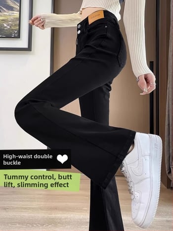 Дънки с флисова подплата, дебели, разкроени крачоли, висока талия, за жени, есен 2025