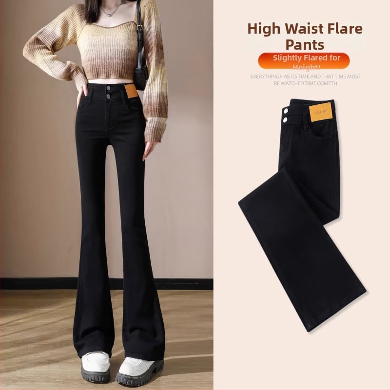 Дънки с флисова подплата, дебели, разкроени крачоли, висока талия, за жени, есен 2025