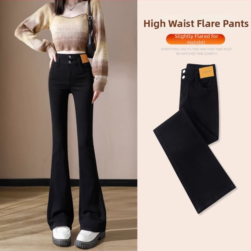 Дънки с флисова подплата, дебели, разкроени крачоли, висока талия, за жени, есен 2025