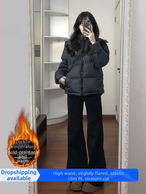 Дънки с висока талия, широки крачоли, деним от памук с еластичност (50–70% памук), джобове