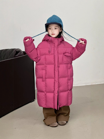 Gyerekeknek szóló tollal töltött dzseki háromvédelmi funkcióval, kapucnival, középhosszú, téli időszak, töltet 86–90% toll