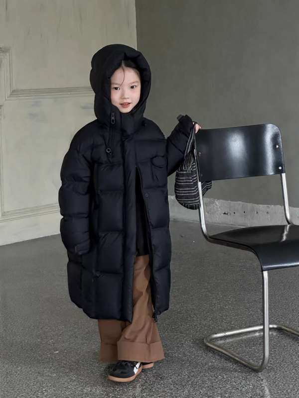 Gyerekeknek szóló tollal töltött dzseki háromvédelmi funkcióval, kapucnival, középhosszú, téli időszak, töltet 86–90% toll