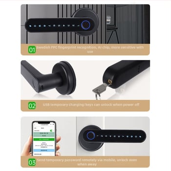 Pametan brava za vrata – otisak prsta, lozinka i ključ; pohranjuje do 100 otisaka prsta, više od 100000 otključavanja, vrijeme skeniranja <0,1 s, radna temperatura -20 do 60°C