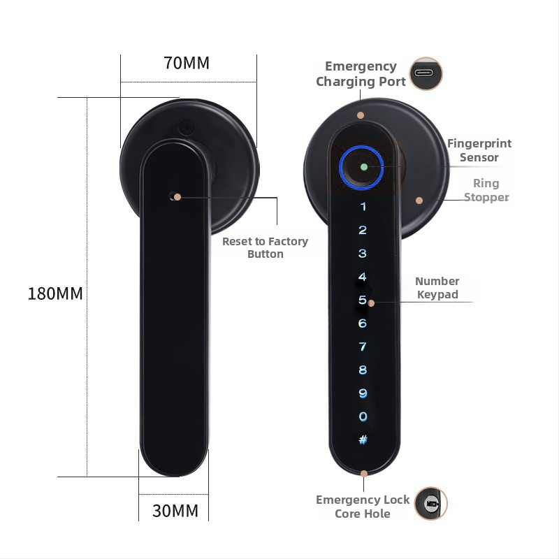 Pametan brava za vrata – otisak prsta, lozinka i ključ; pohranjuje do 100 otisaka prsta, više od 100000 otključavanja, vrijeme skeniranja <0,1 s, radna temperatura -20 do 60°C