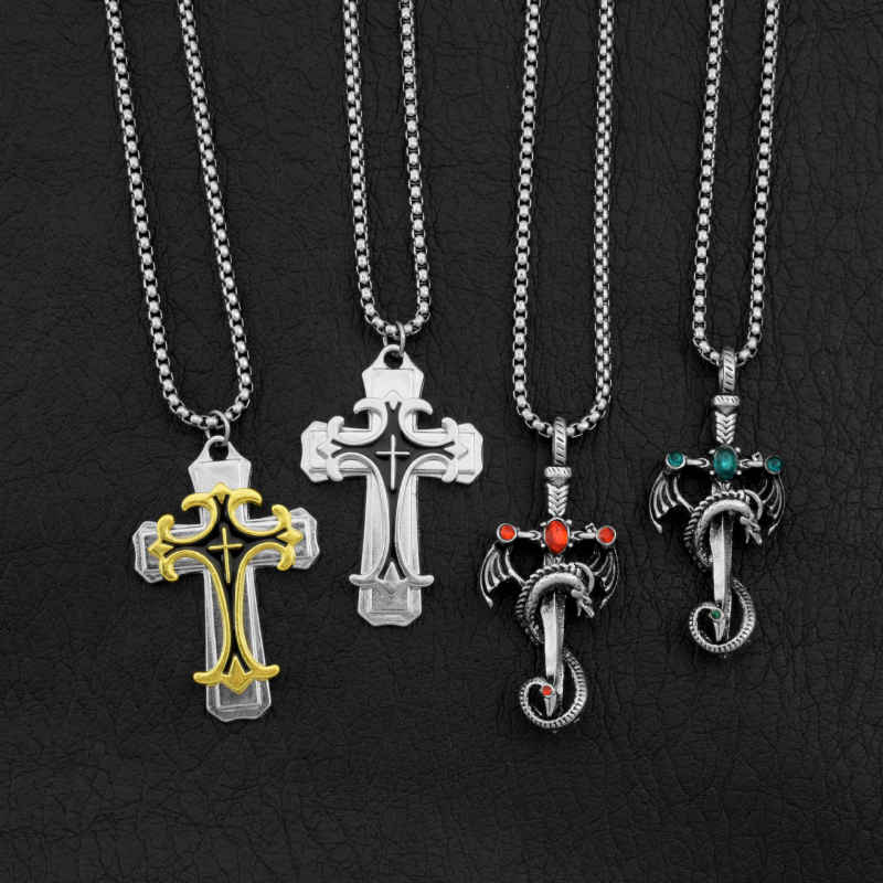 Lanț din oțel inoxidabil cu pandant cruce, lanț tip bilă, unisex, 21–50 cm